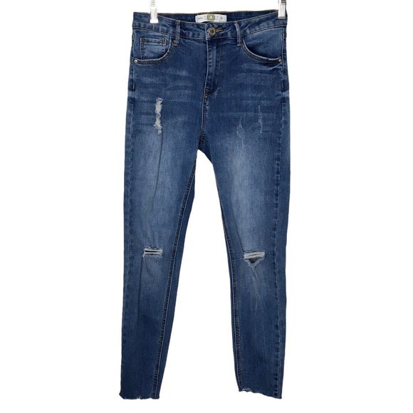 Papaya Slim Skinny Jeans Blue Distressed Hi Rise Stretch Denim Junior Size 7 - Picture 1 of 6